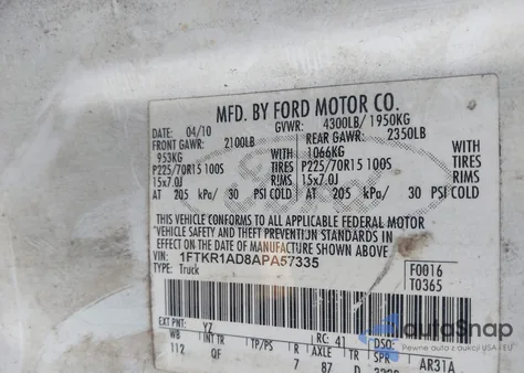 2010 Ford Ranger Xl/Xlt from USA, damaged, VIN 1FTKR1AD8APA57335